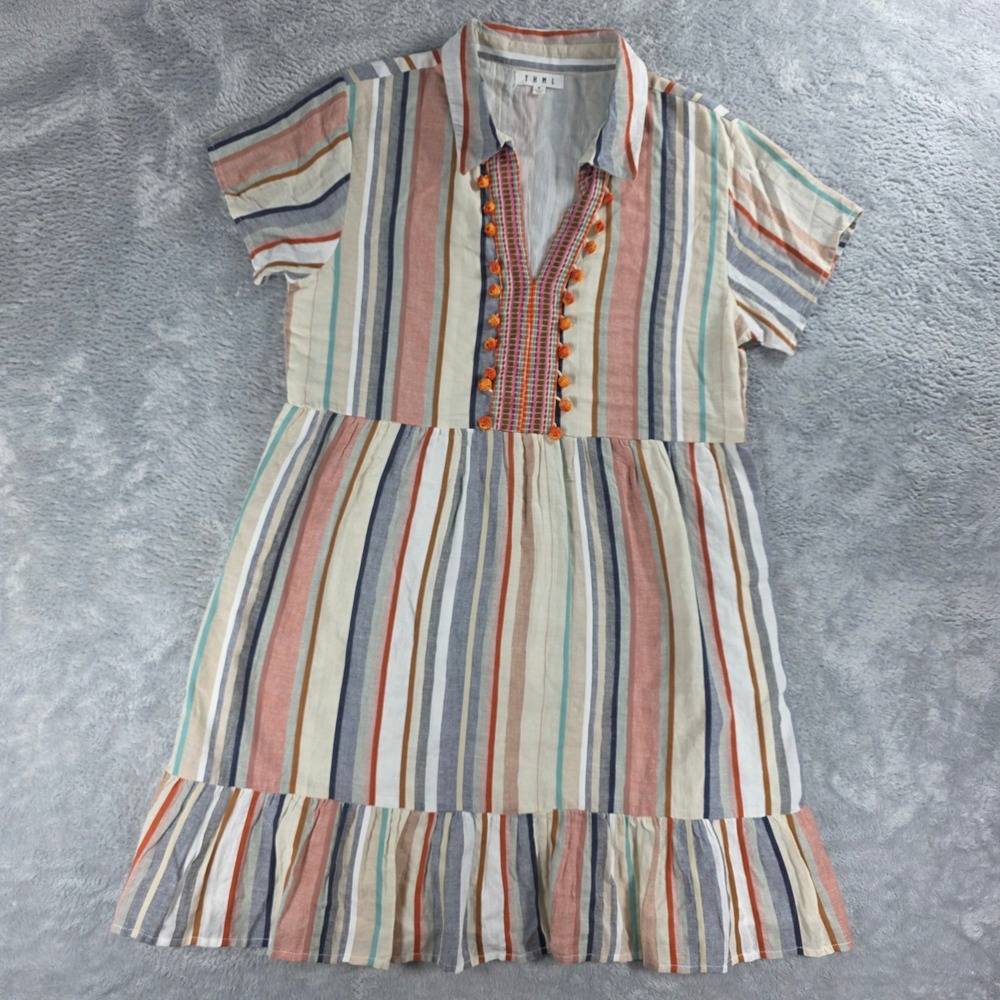 THML Women Medium Multicolor Striped Babydoll Dress Pom Pom Boho Peasant